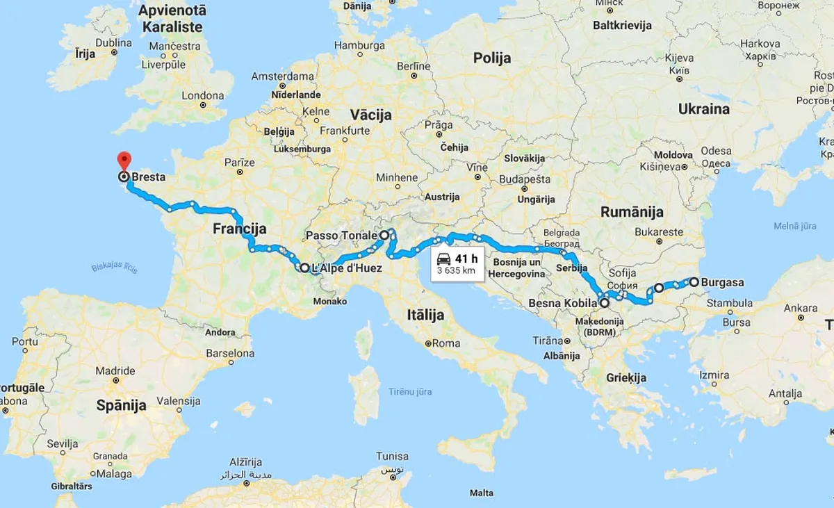 Aptuveni tā izskatās distance, ja brauc ar automašīnu