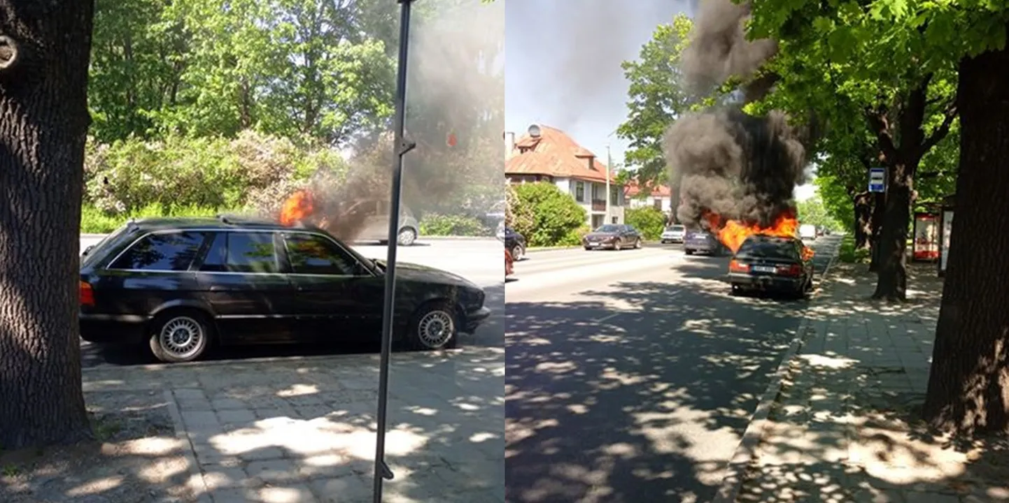 BMW põles suure leegiga Tartu ühes tihedama liiklusega paigas.
