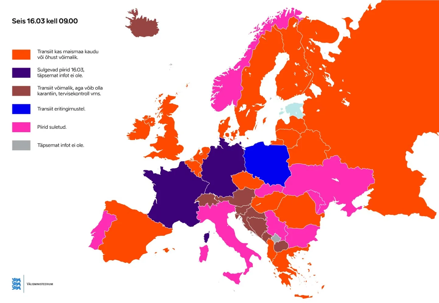 Piirangud Euroopas 16. märtsi seisuga.