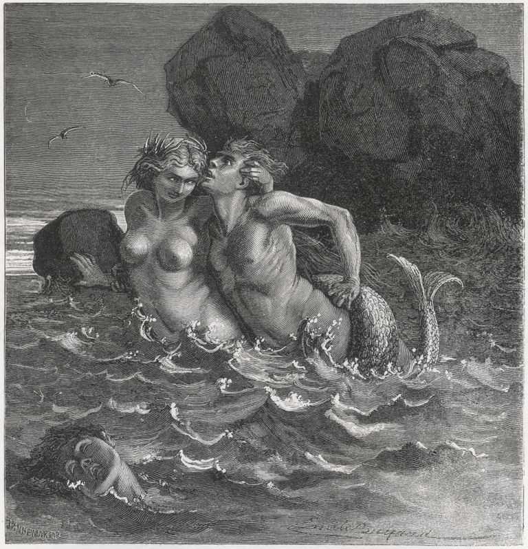 Гравюра с изображением русалки, применяющей к своему человеческому любовнику прием захвата хвостом.