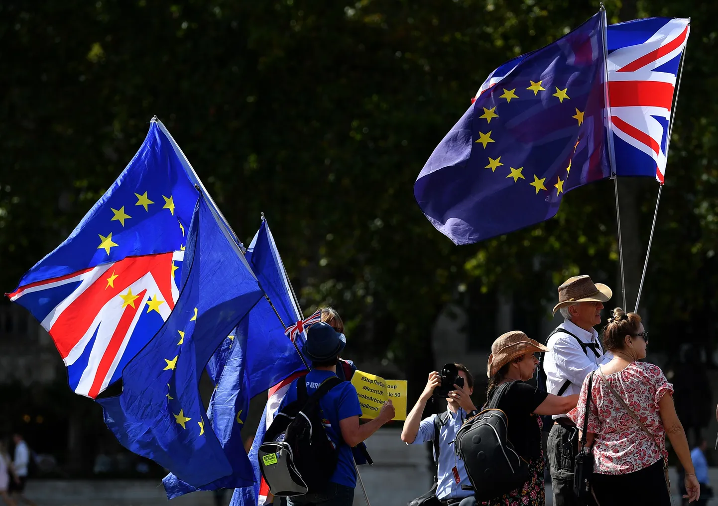 Brexiti-vastased aktivistid lehvitamas täna Briti parlamendi ees Euroopa Liidu ja Ühendkuningriigi lippu.