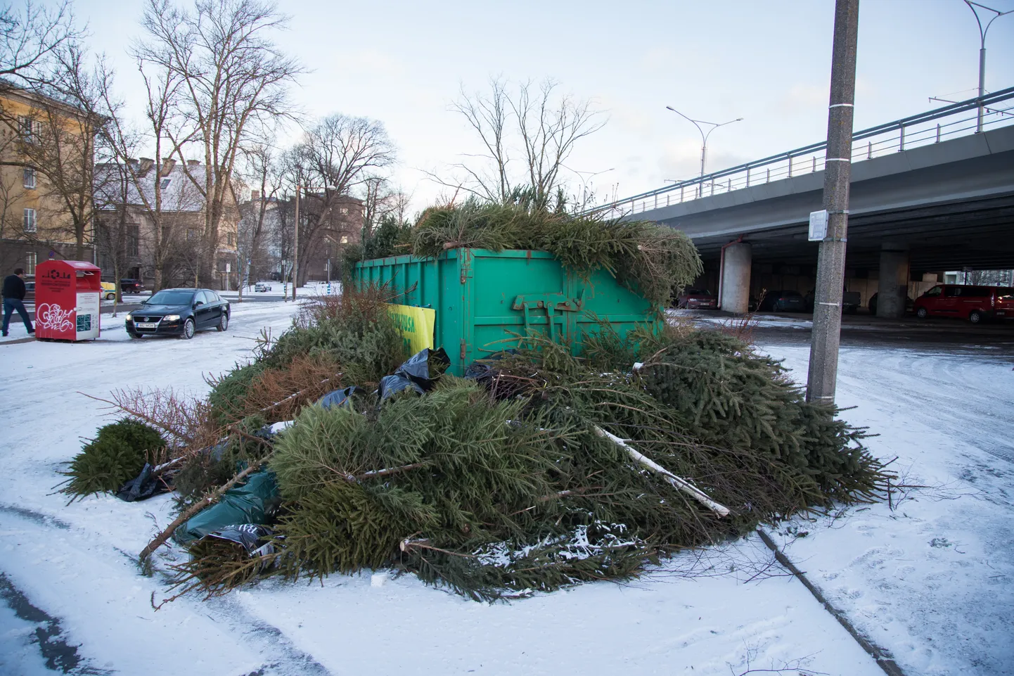 Jõulukuuskede kogumiskoht kesklinnas Pärnu maantee viadukti kõrval.