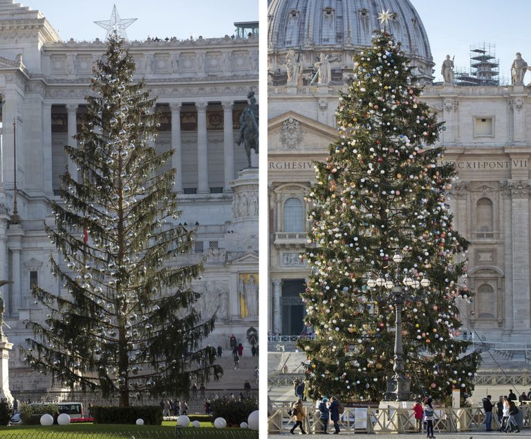 Roomlaste arvates näeb nende hõre jõulupuu välja nagu WC-hari (vasakul). Paremal on Vatikani jõulupuu