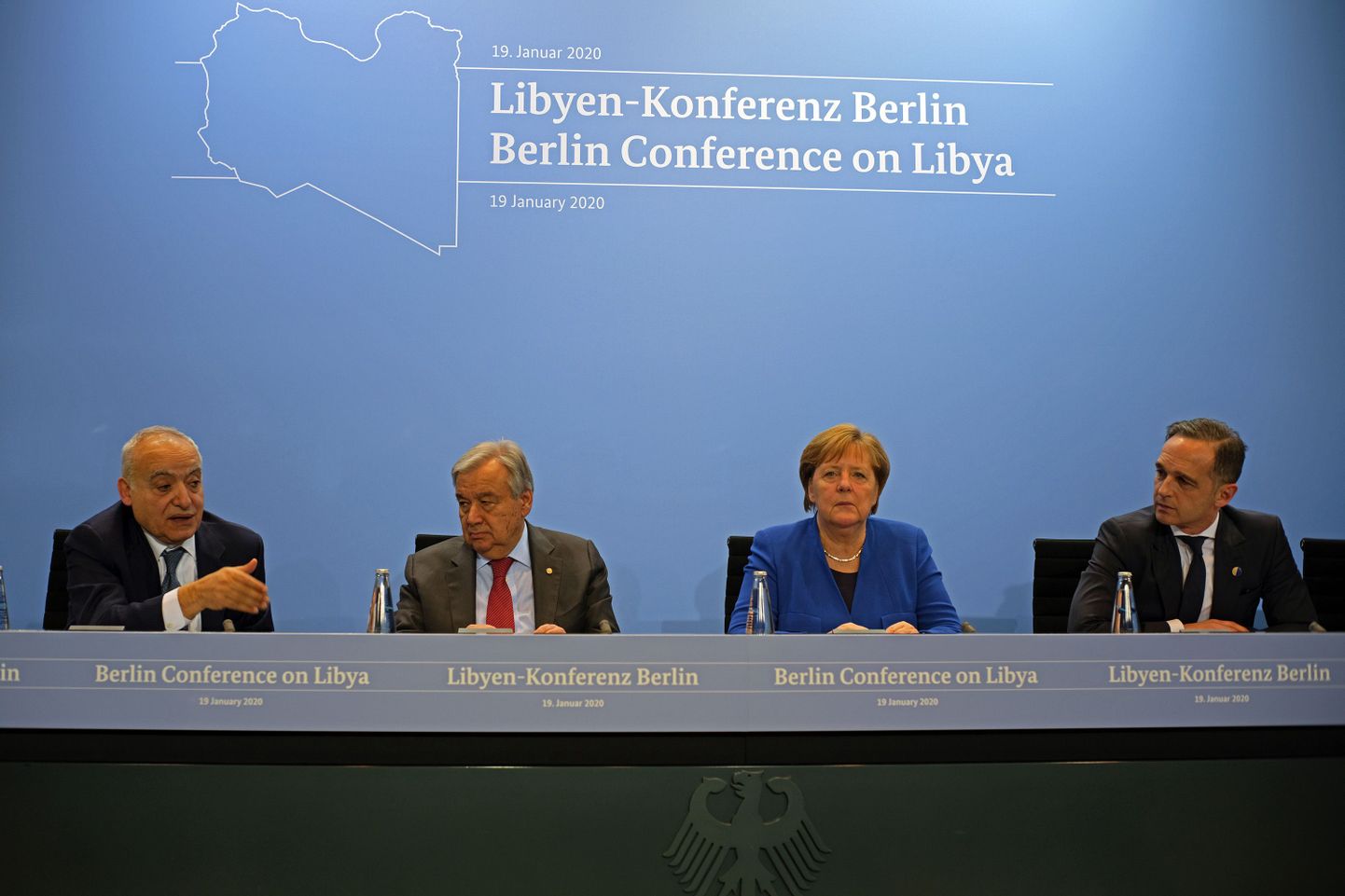 ÜRO eriesindaja Liibüas Ghassan Salame, ÜRO peasekretär António Guterres, Saksa kantsler Angela Merkel ja Saksa välisminister Heiko Maas Liibüa konverentsil Berliinis 19. jaanuaril 2020.
