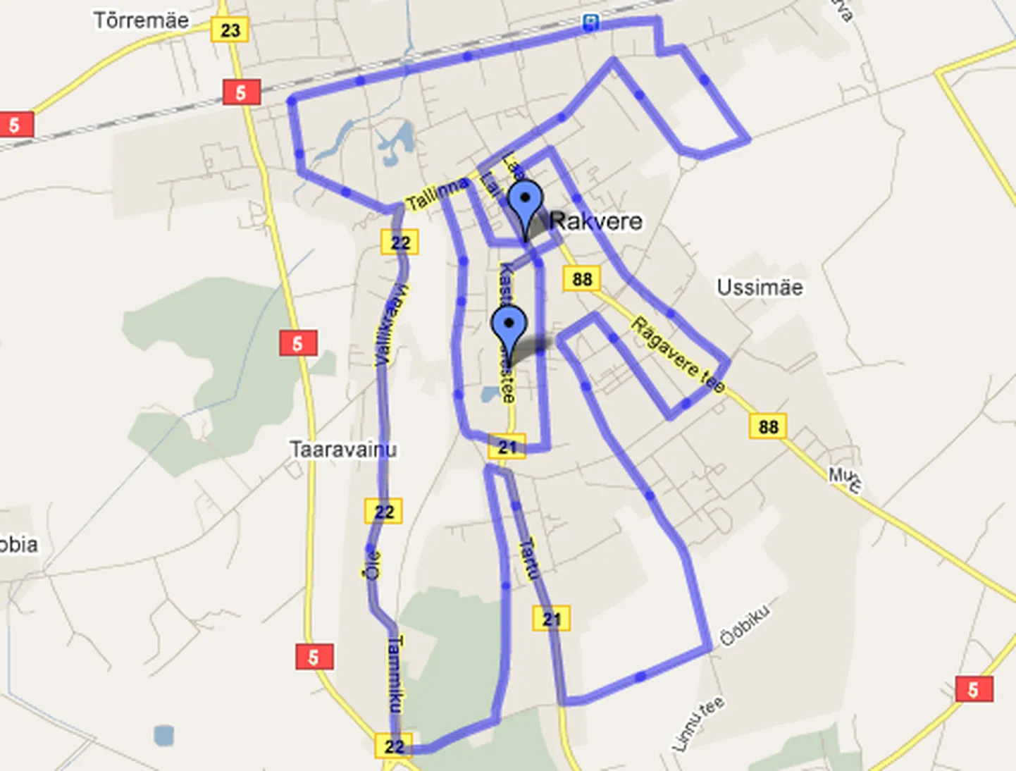 Rakvere ööjooksu 21 km rada.