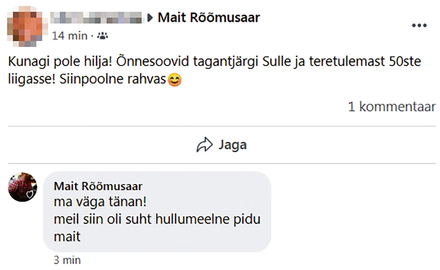 HULLUMEELNE PIDU: Hilinenud sünnipäevasoovile eile sotsiaalmeedias vastanud juubilar mainis, et pidu kujunes hullumeelseks.