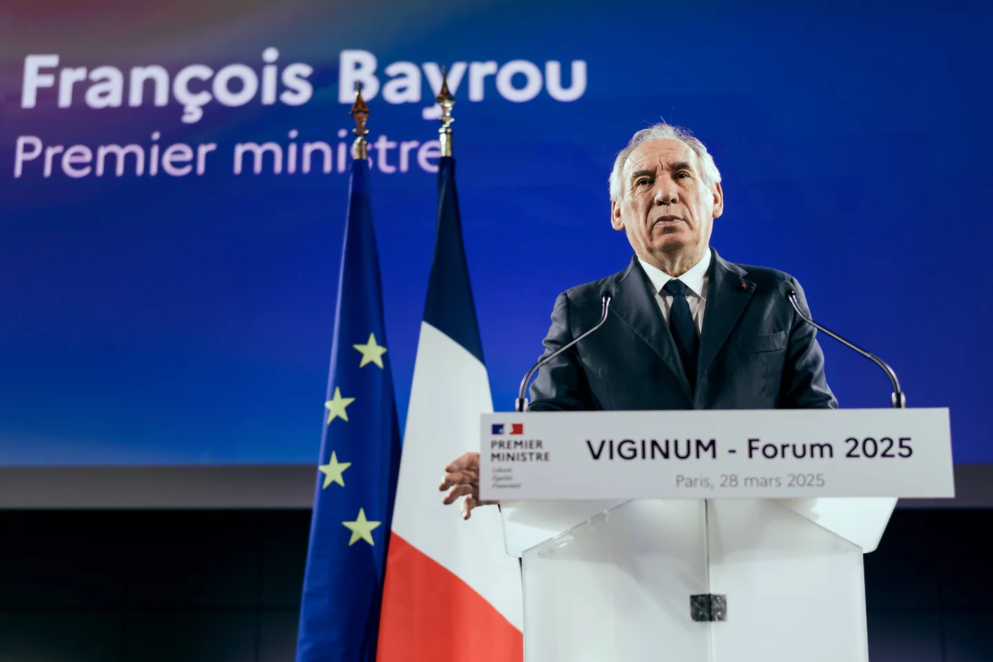 Prantsuse peaminister François Bayrou foorumil VIGINUM 2025 Sorbonne'i ülikoolis.