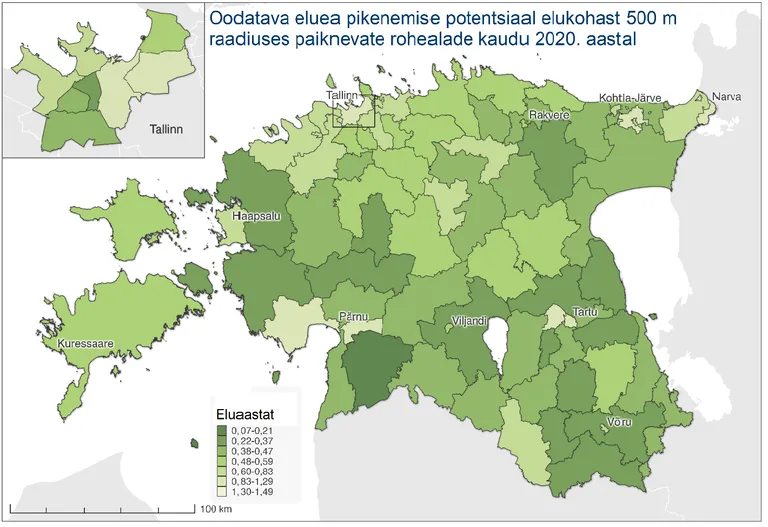Oodatava eluea pikenemise potentsiaal elukohast 500 meetri raadiuses paiknevate rohealade kaudu 2020. aastal.
