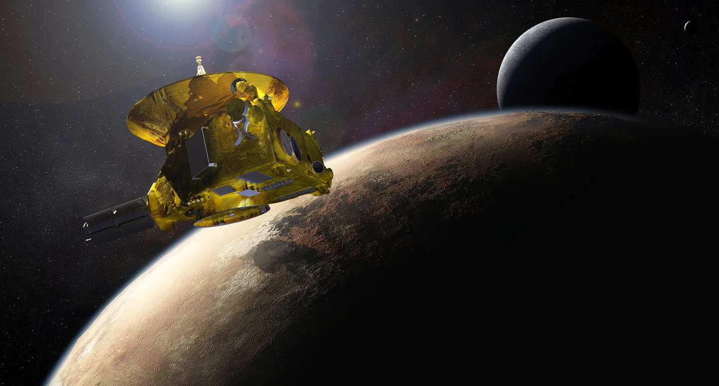 NASA kunstniku arvutijoonistus New Horizons sondist, Plutost ja Charonist