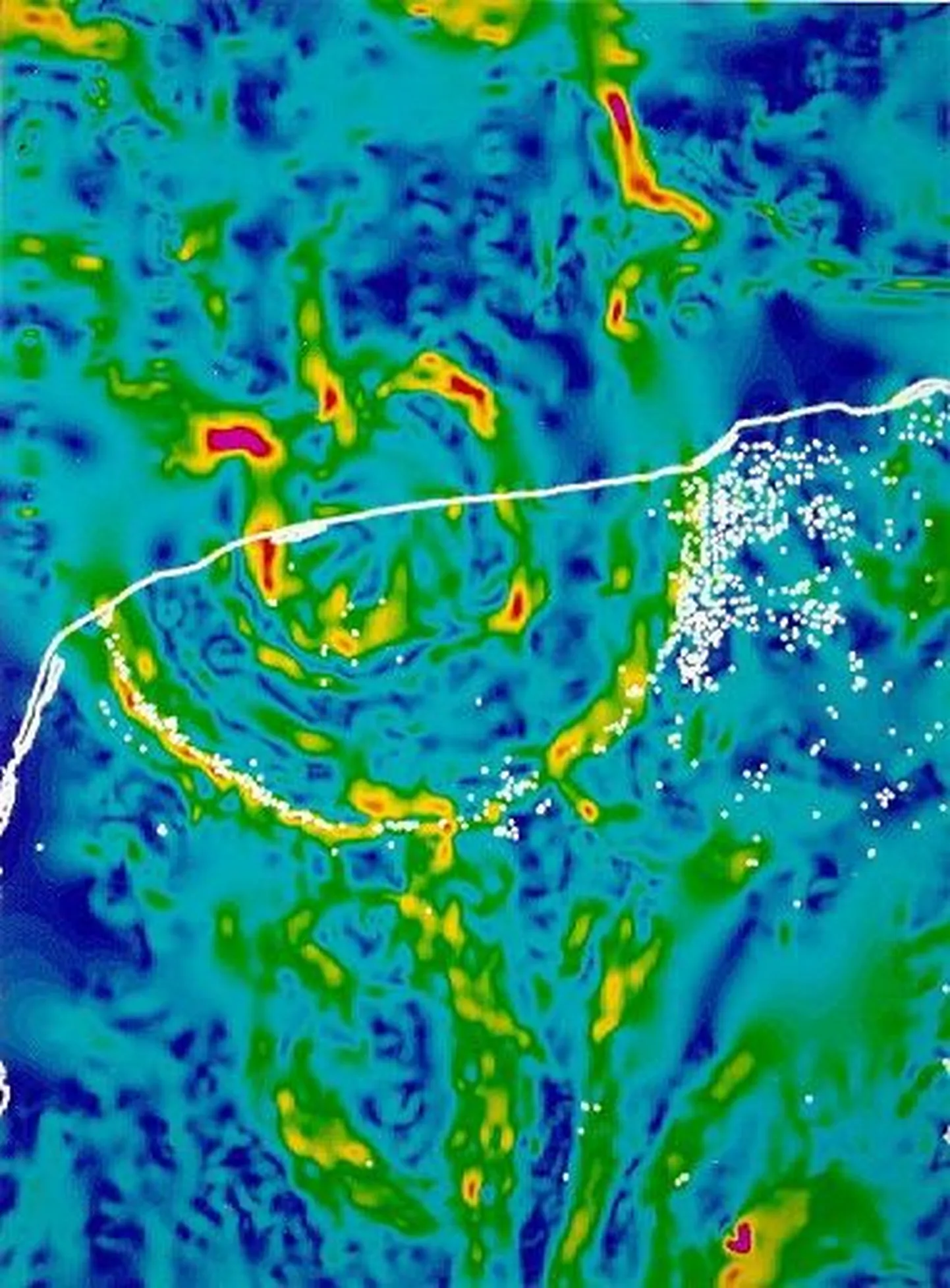 Chicxulub'i meteoriidikraatri topeltvallide gravitatsioonianomaalia pilt.