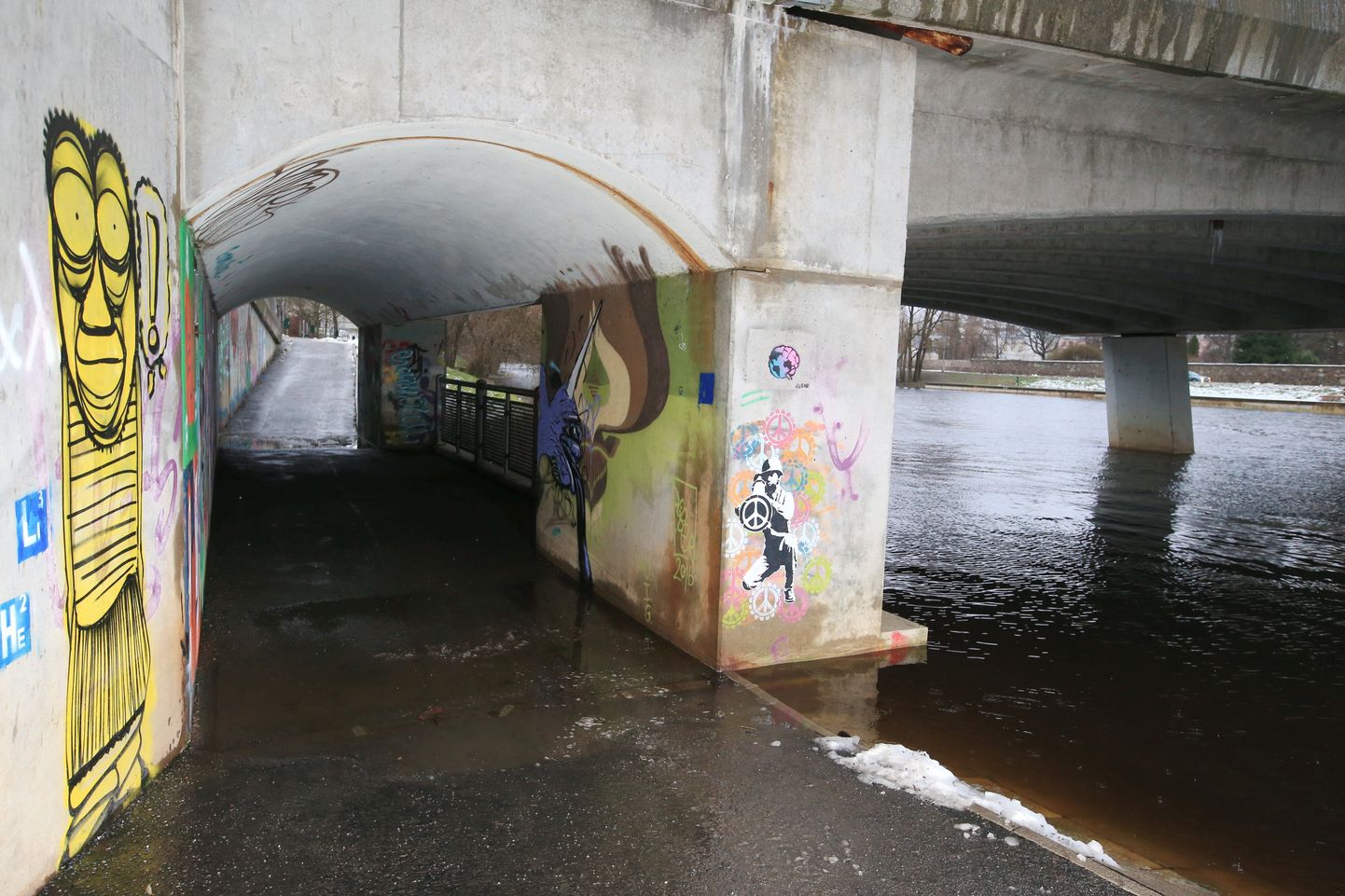 Emajõe vasakkaldal on vesi jõudnud Kroonuaia silla all tänavale.