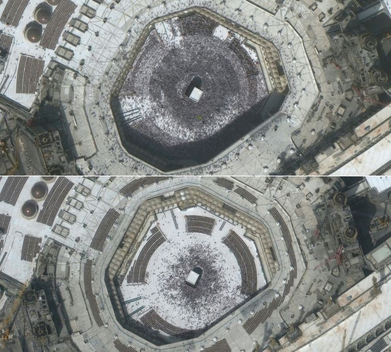Rahvamassid palverännakute keskpunktiks olevas Mekas enne (ülemine pilt) ja pärast (alumine pilt) uut koroonaviiruse puhangut.