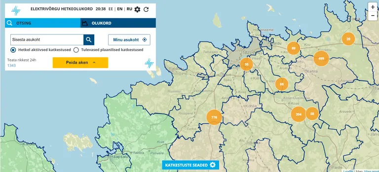 Elektrilevi aktiivsete katkestuste kaart kella 20.38 seisuga.