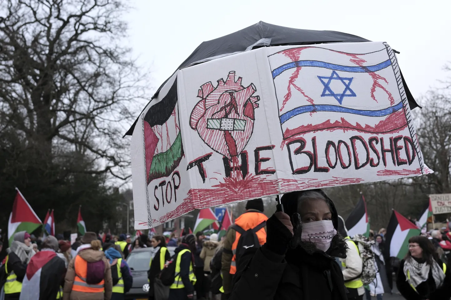 Meeleavaldaja Haagi tänaval ärgitab plakatiga lõpetama verevalamist Gaza sektoris.