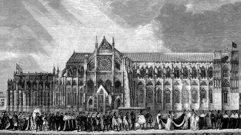 Коронационная процессия Анны Болейн в Вестминстерское аббатство. Гравюра Викторианского времени, но общую грандиозность отражает. Хотя надо отметить, что Анна, на пятом месяце беременности, пешком не шла