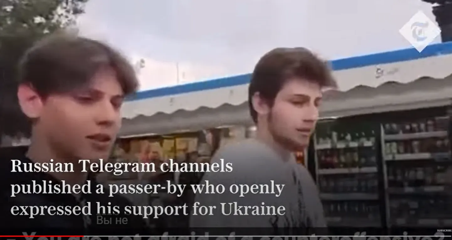 Kaader videost, millel väidetavalt  Krimmi noortelt küsiti, kas nad kardavad Ukraina armee vastupealetungi. Üks vastab, et nad on Ukraina poolt