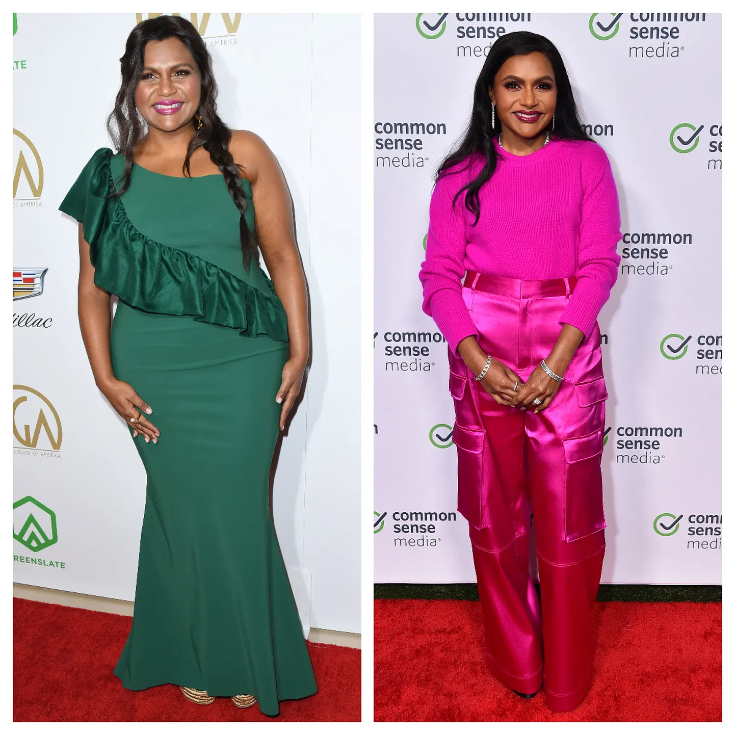 Mindy Kaling 2019. aastal ja tänavu oktoobris.
