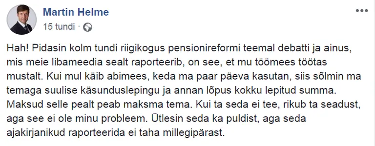 Rahandusminister Martin Helme selgitus Facebookis.