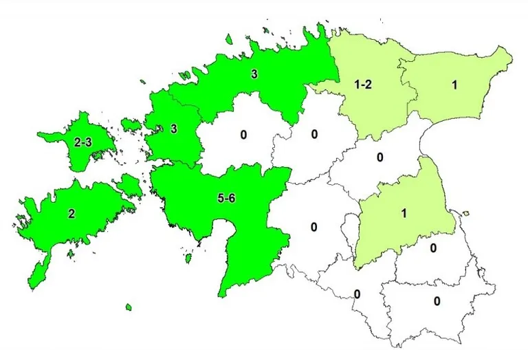 Kassikaku asustatud pesitsusterritooriumide arv Eesti maakondades aastatel 2020-2022 riikliku seire andmetel.