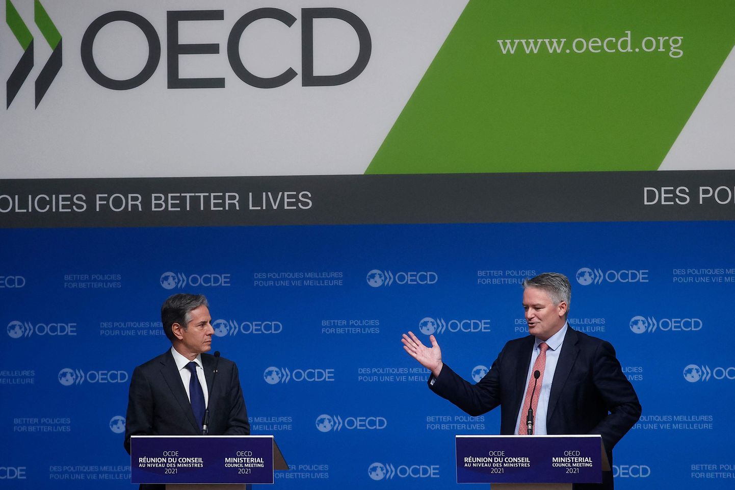 USA välisminister Anthony Blinken ja OECD peasekretär Mathias Cormann. 
Ian LANGSDON / POOL / AFP