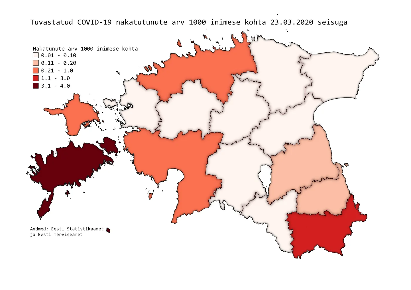Nakatunute arv maakondades tuhande elaniku kohta,
SARS-CoV-2 positiivse tulemuse saanud testitud sissekirjutuse alusel, 23.03.2020.