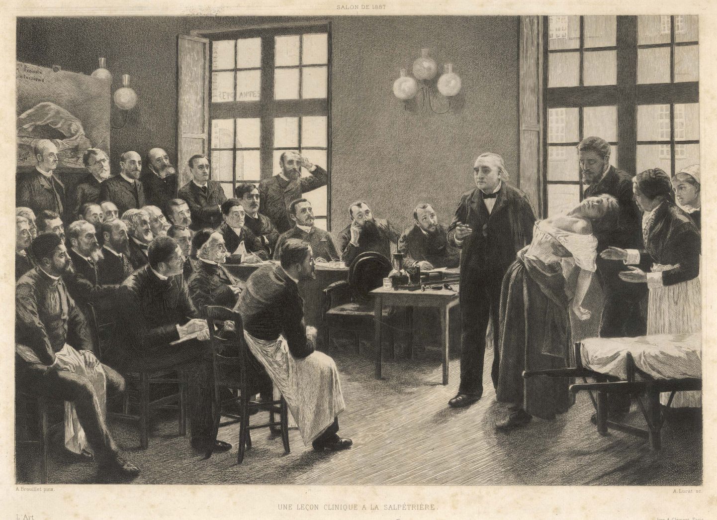 Neuroloog J-M Charcot demonstreerib hüpnotiseeritud patsiendi peal hüsteeria sümptomeid (1887).