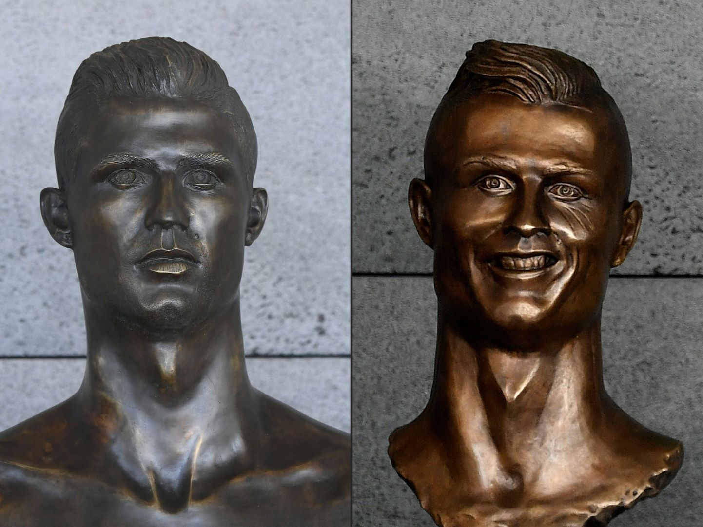 Paremal pool vana kuju Ronaldost, vasakul pool uus kuju, mida nüüd Madeira lennujaamas näga võib.