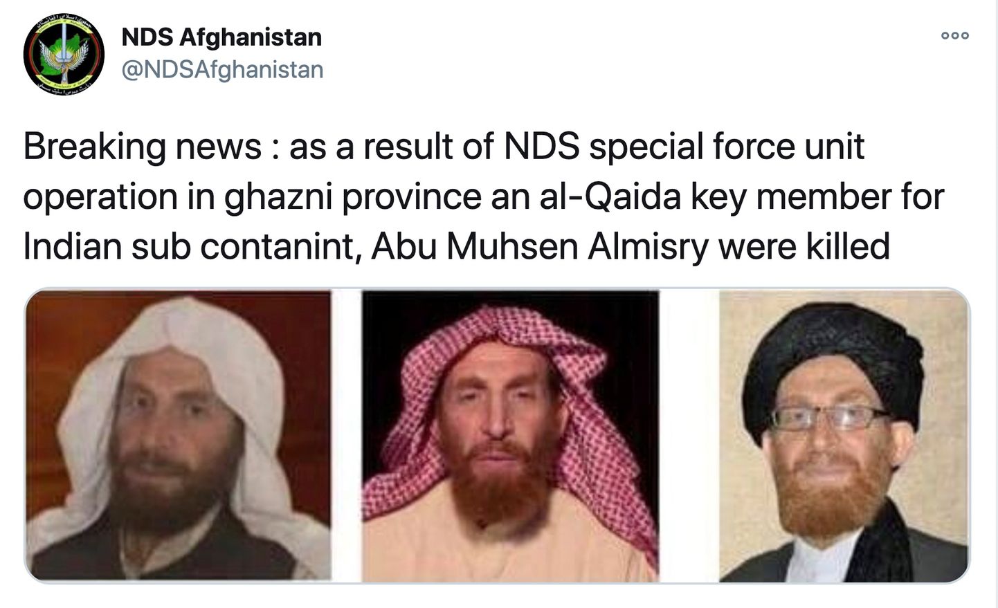 Afganistani luureteenistuse teade Al-Qaeda kõrge liidri  Abu Muhsin Al-Masri tapmise kohta.