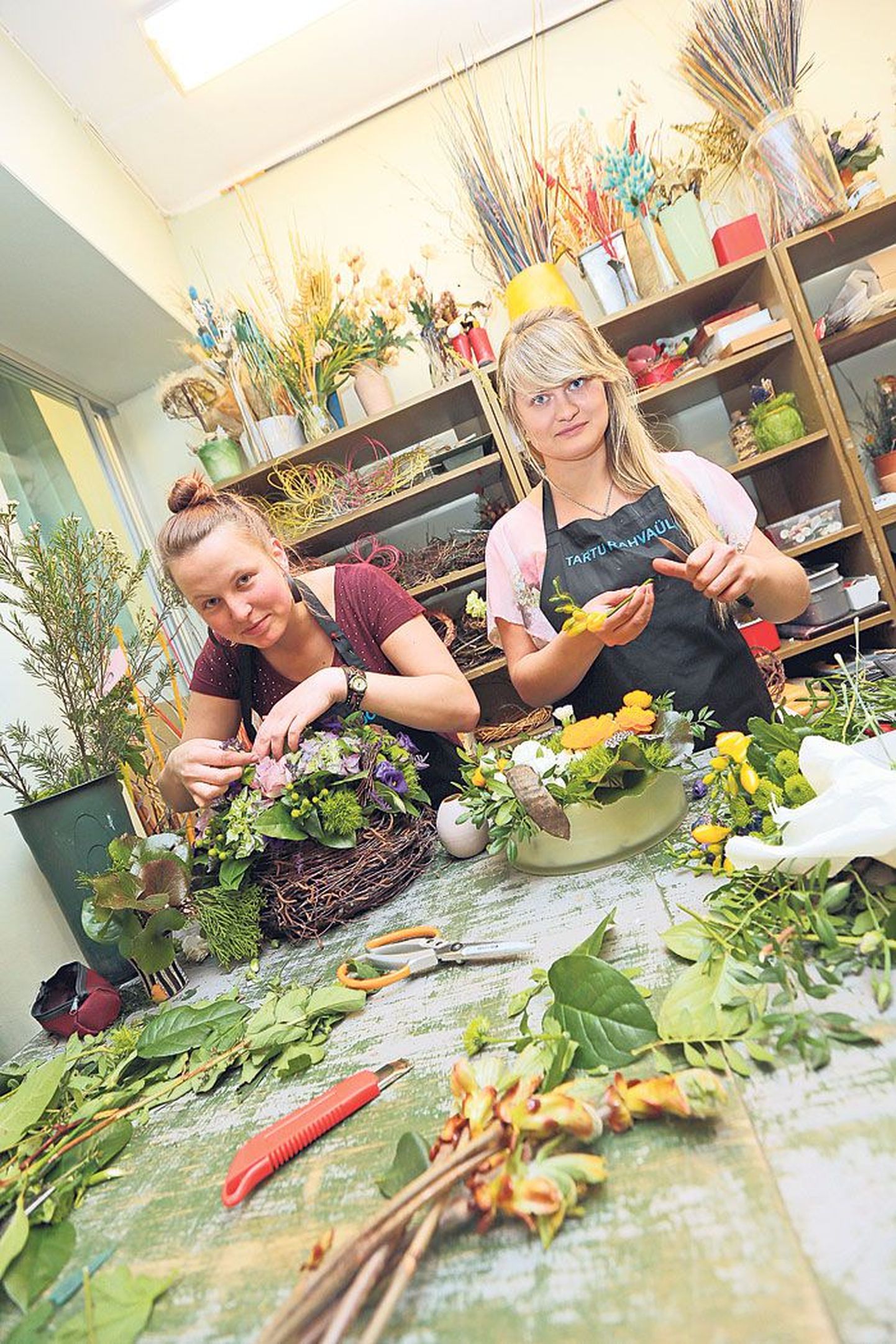 Rahvaülikooli floristikoolituse vastsed lõpetajad Deivi Sarapson (vasakul) ja Astrid Juhkam päev enne oma meistritöö kaitsmist. Eksamitöö on inspireeritud lähenevast emadepäevast.