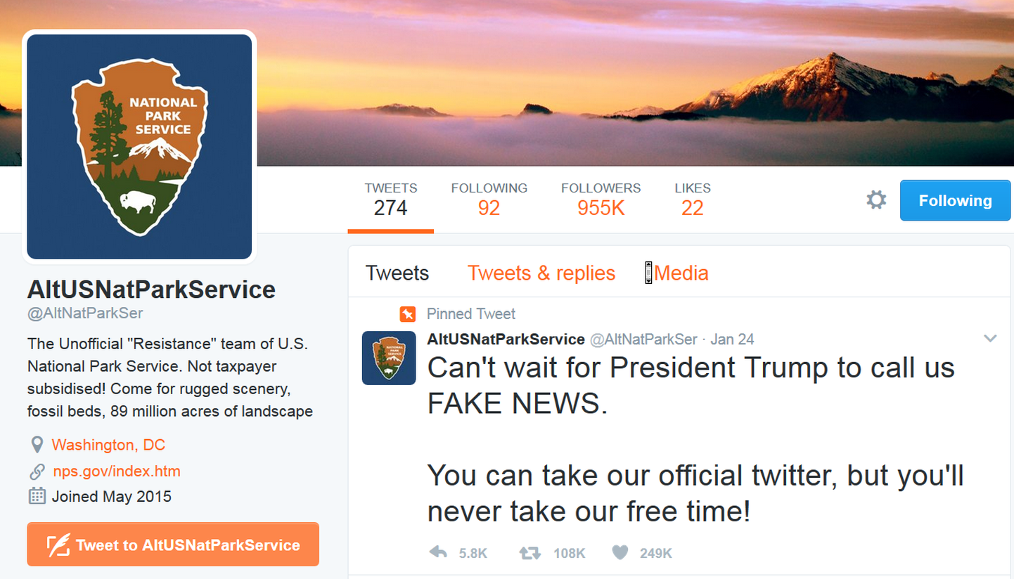 Donald Trumpi valitsuse poolt kehtestatud eetrikeelu vastu mässava mitteametliku riikliku parkide teenistuse Twitteri konto.