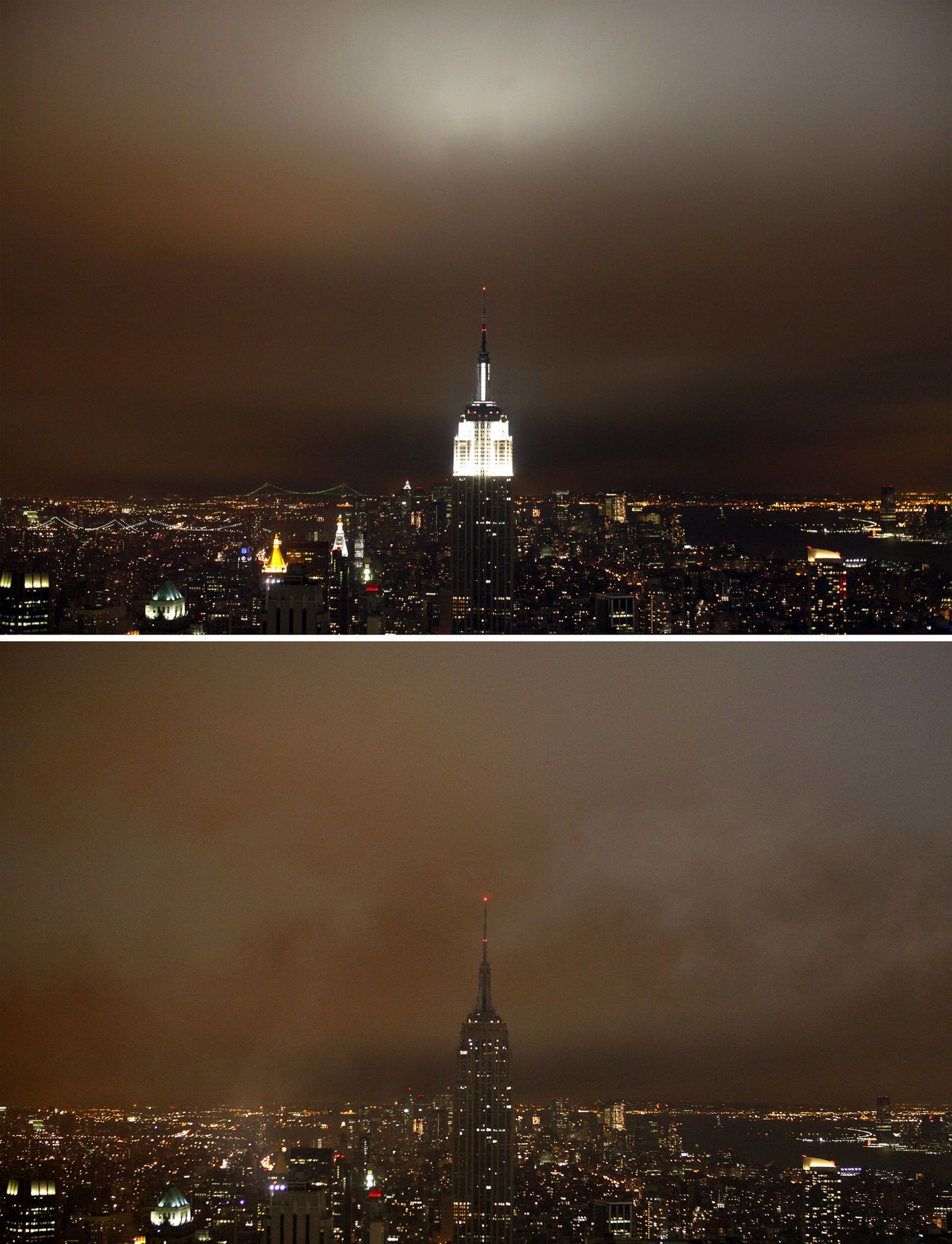 A combination photo shows the Empire State building before (top) and during Earth Hour in New York March 28, 2009. More than 80 countries signed up for Earth Hour on Saturday in which homes, office towers and landmarks will turn off their lights from 8.30 pm local time to raise awareness about climate change and the threat from rising greenhouse gas emissions. REUTERS/Eric Thayer (UNITED STATES ENVIRONMENT SOCIETY)