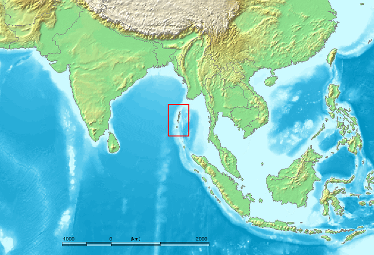 Andamanid ja Nicobarid asuvad India ookeanis (punases ruudus)