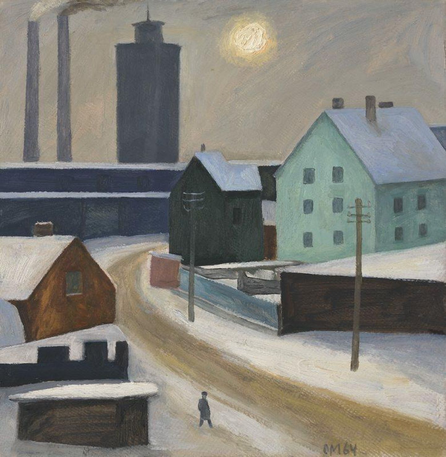 Olav Maran, «Tatari tänav üksiku jalakäijaga», 1964, õli, kartong (40 x 39,5). 