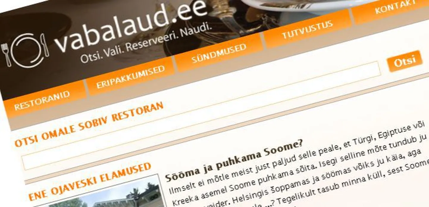 Fragment uue restoraniportaali vabalaud.ee esilehelt.