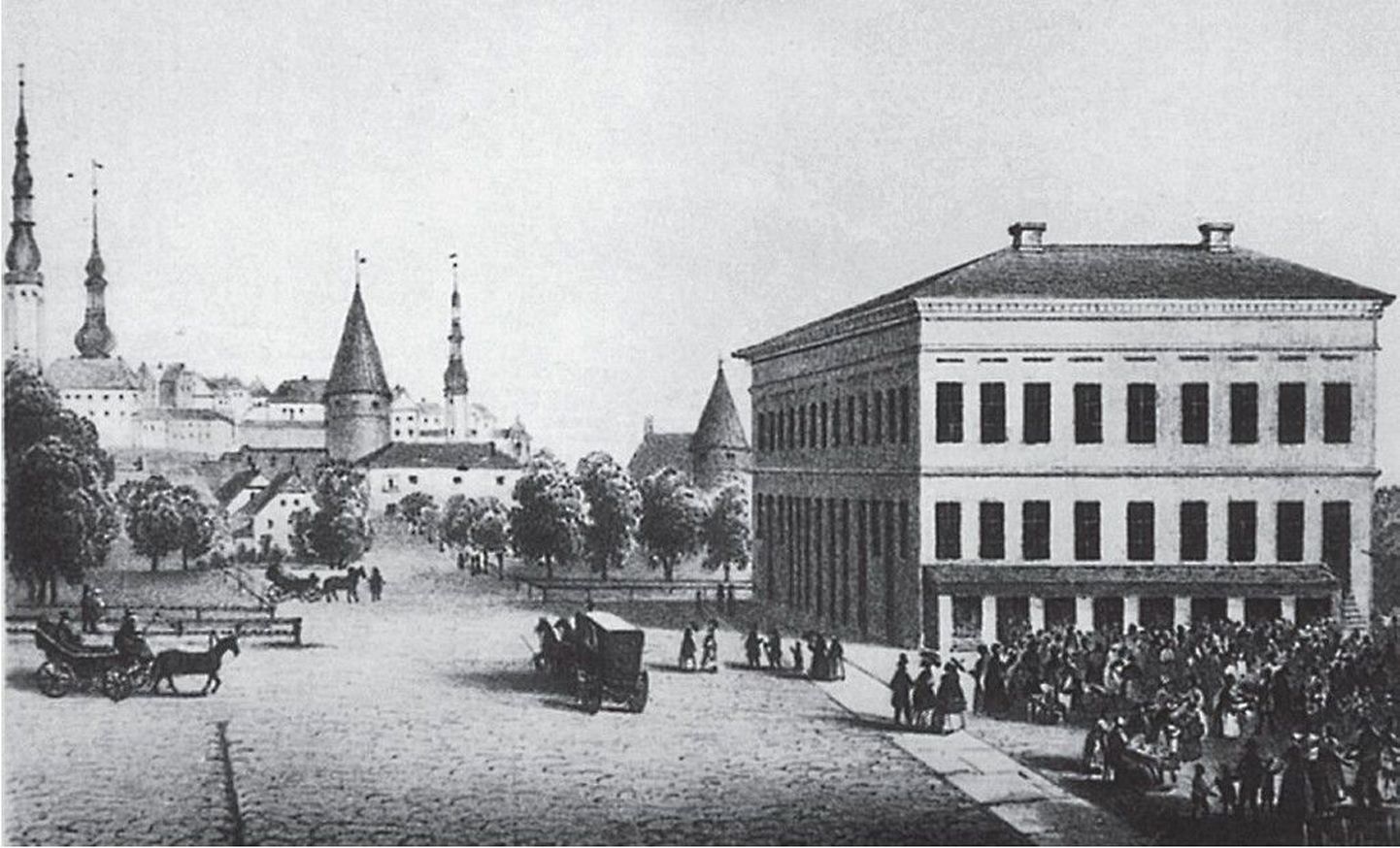 Vene turg, nüüdne Viru väljak, 19. sajandi teisel poolel. Paremal paistab Rotermanni kaubamaja.