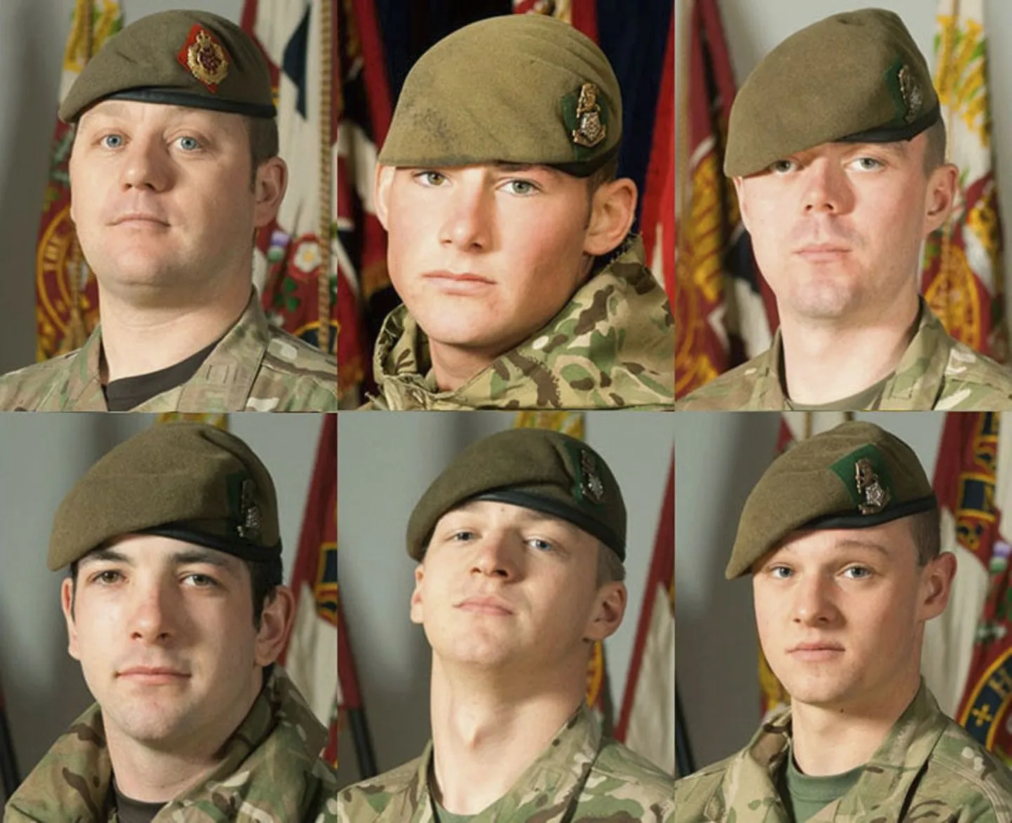Langenud Briti sõjaväelased: (ülemises reas vasakult) seersant Nigel Coupe, kapral Jake Hartley, reamees Anthony Frampton, (all vasakult) reamees Christopher Kershaw, reamees  Daniel Wade ja reamees Daniel Wilford.