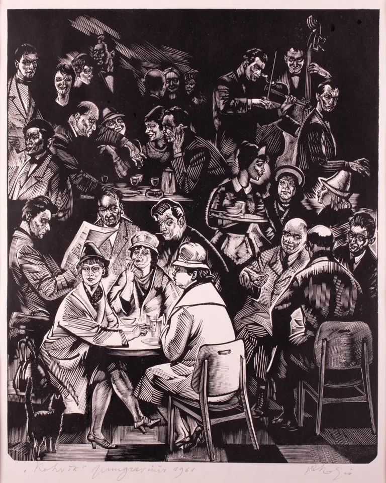 Richard Kaljo «Kohvik». Haamrihind 2600 (alghind 700). 1961. Puugravüür plm 30.3 x 24.7 cm (raamitud).