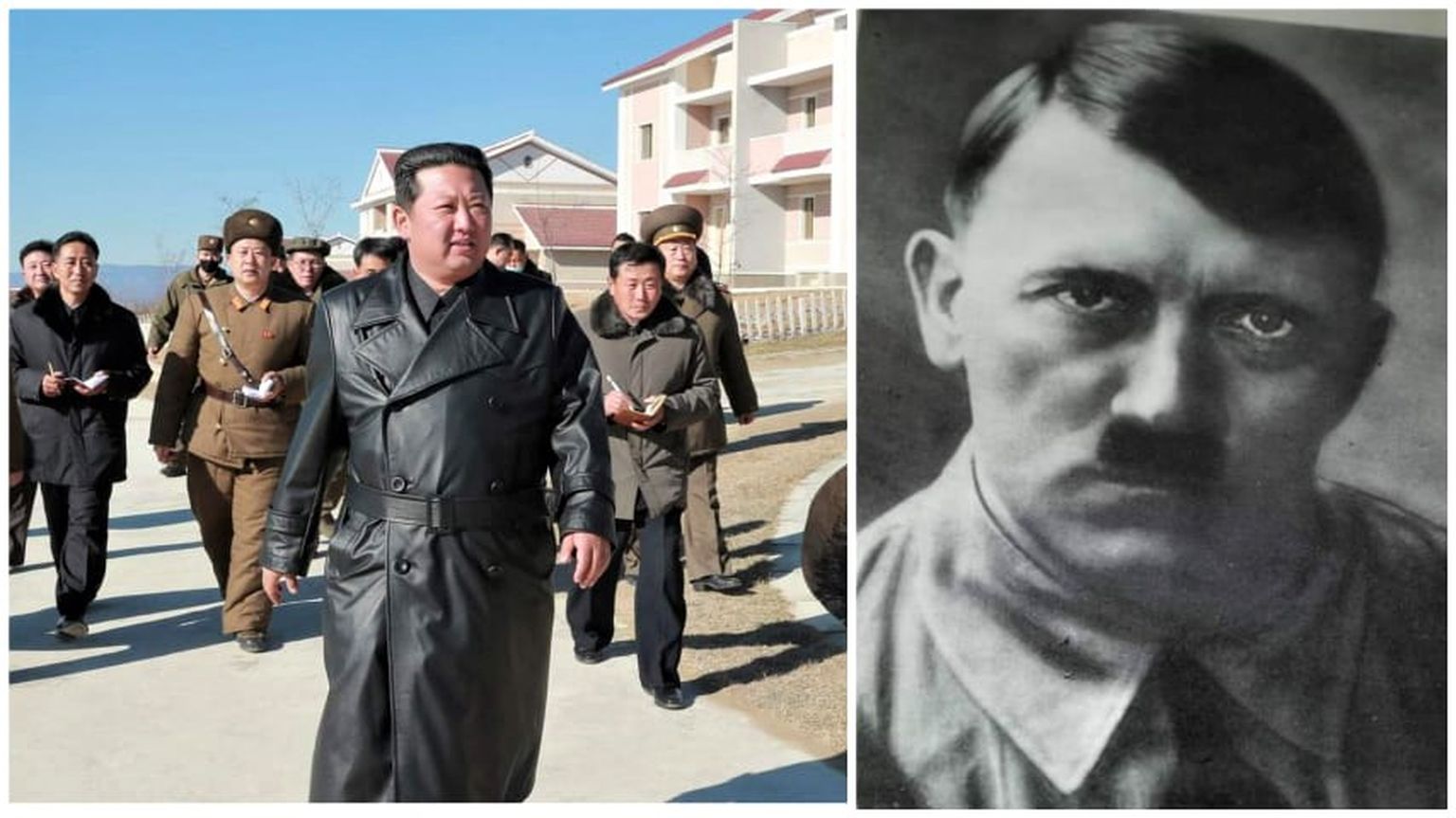 Vasakul Kim Jong-un mantlit kandmas, paremal Adolf Hitler.