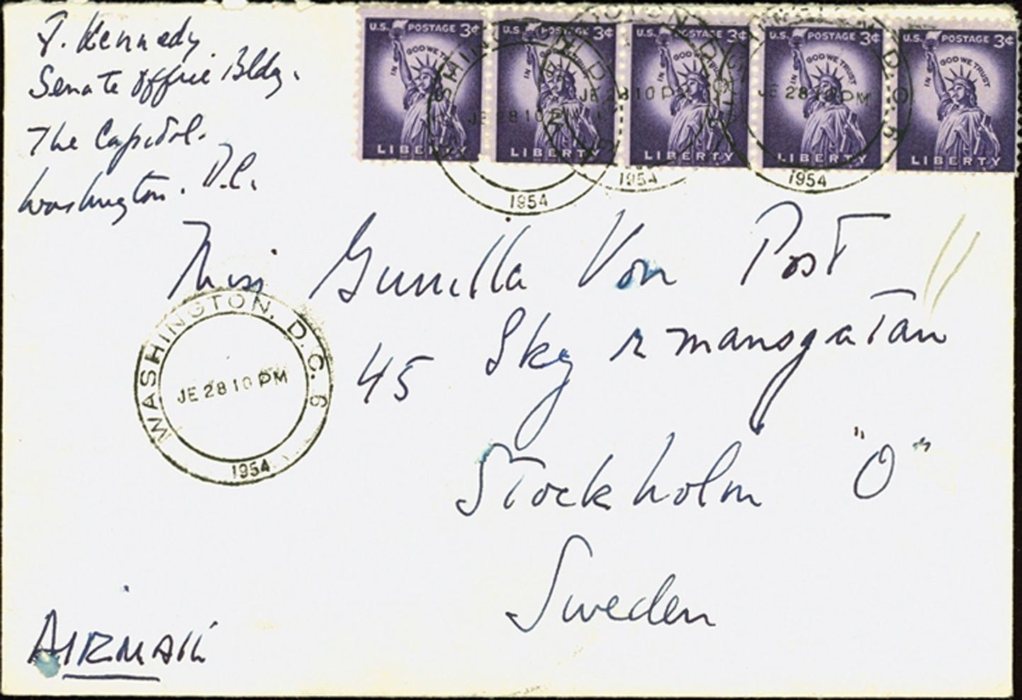 John Kennedy käekiri rootslannale saadetud kirjaümbrikul
