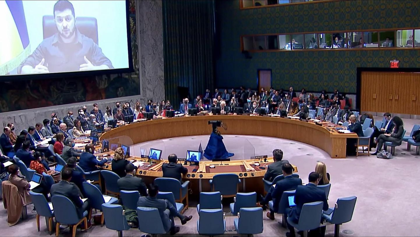 Ukraina president Volodõmõr Zelenskõi pöördumine ÜRO Julgeolekunõukogu poole 5. aprillil. 
