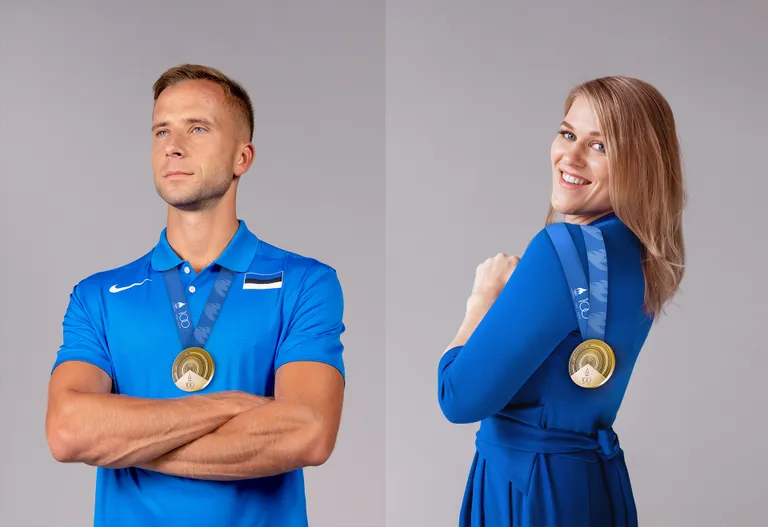 Medali disaini esitlevad tõkkejooksja Rasmus Mägi ja maadleja Epp Mäe.