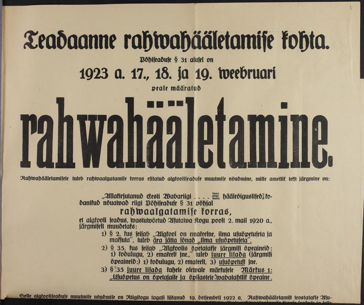 Rahvahääletuse ametliku kuulutuse ülaosa