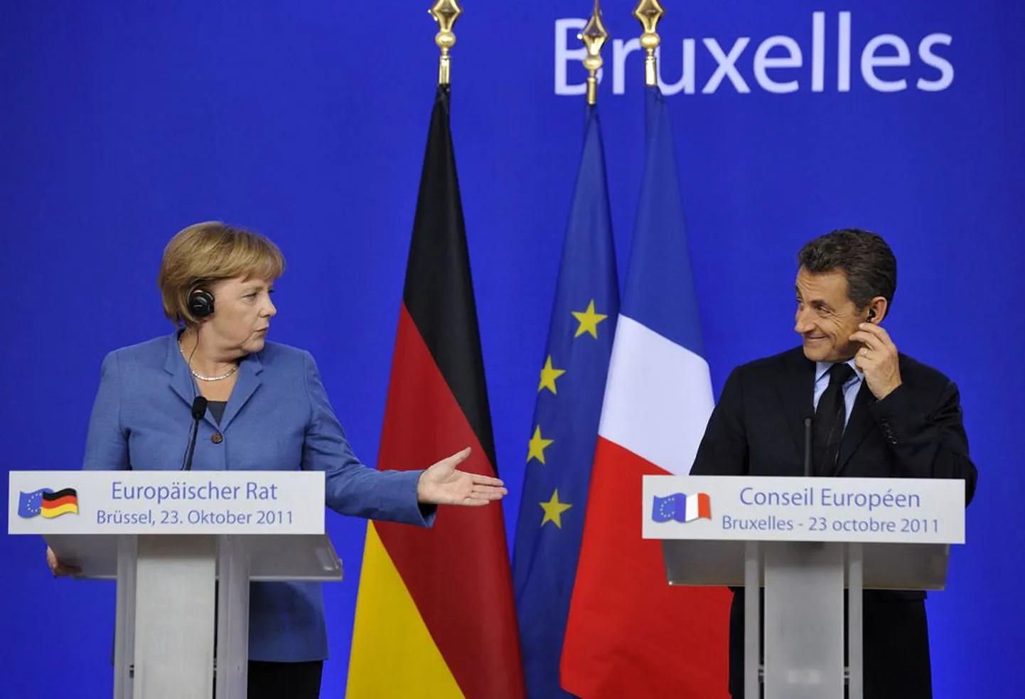Saksamaa kantsler Angela Merkel ja Prantsusmaa president Nicolas Sarkozy pressikonverentsil.
