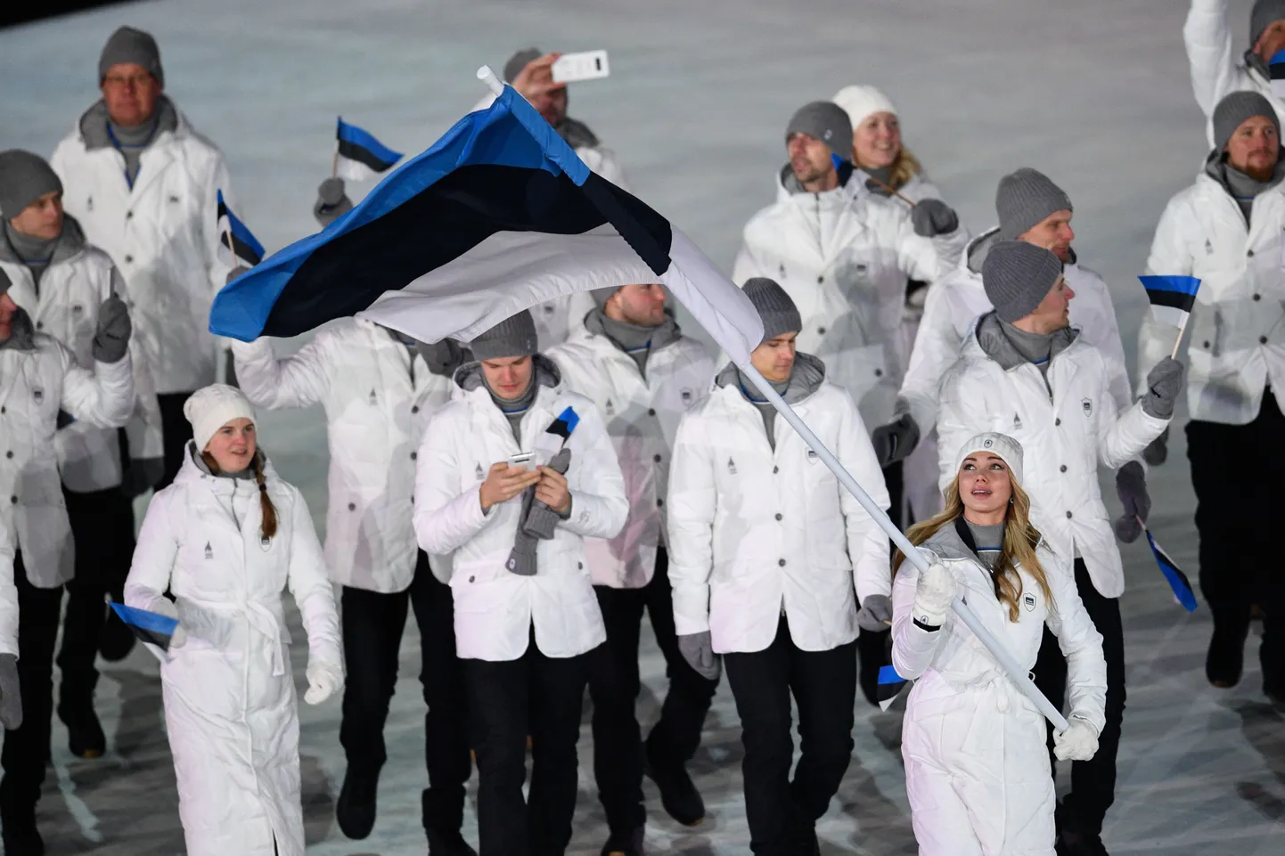 Eesti delegatsioon Pyeongchangi olümpiamängude avatseremoonial.