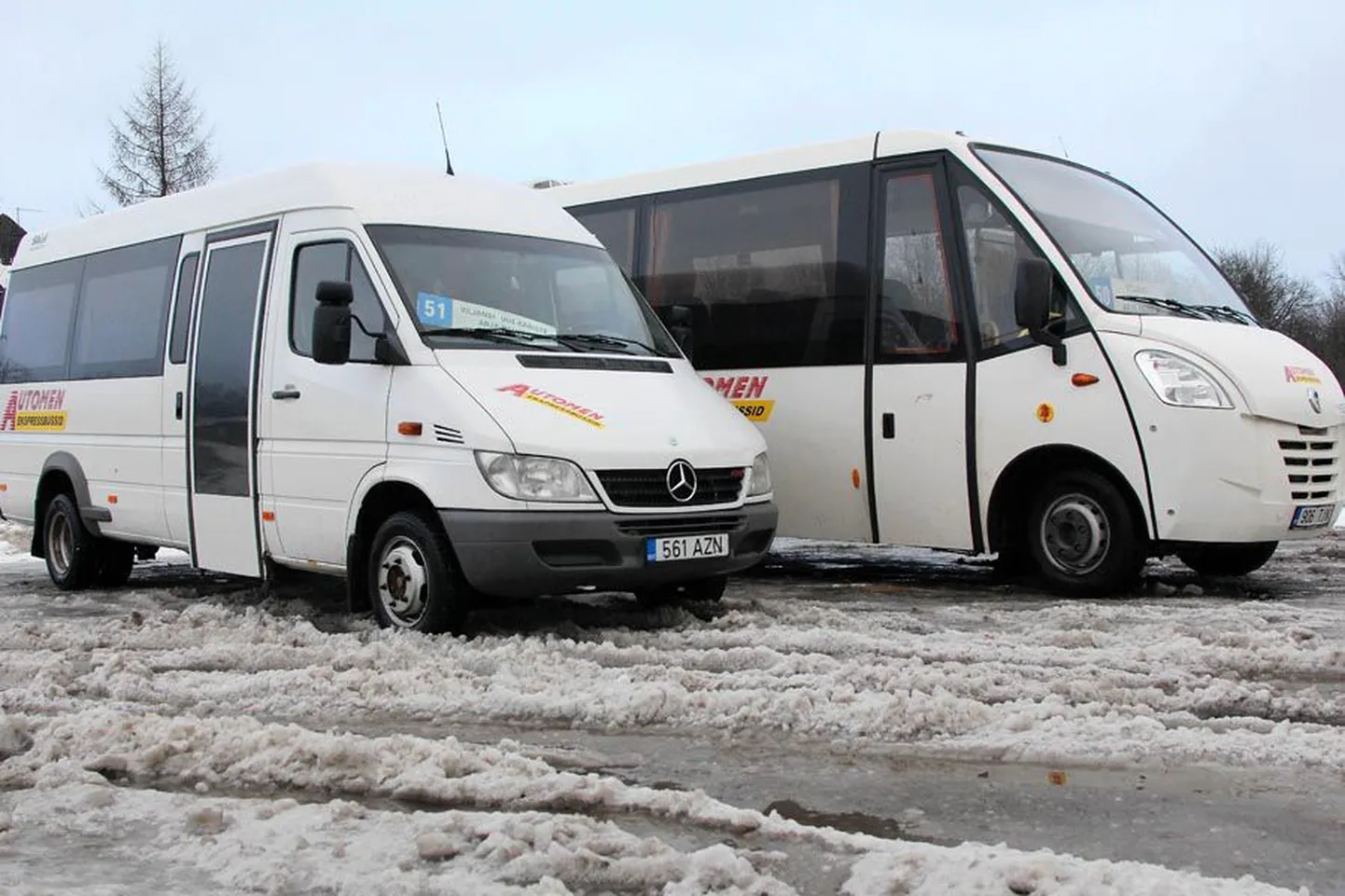 Eile pärastlõunal seisid Viljandi bussijaamas lumelörtsis Automeni bussid liininumbritega 51 ja 50.