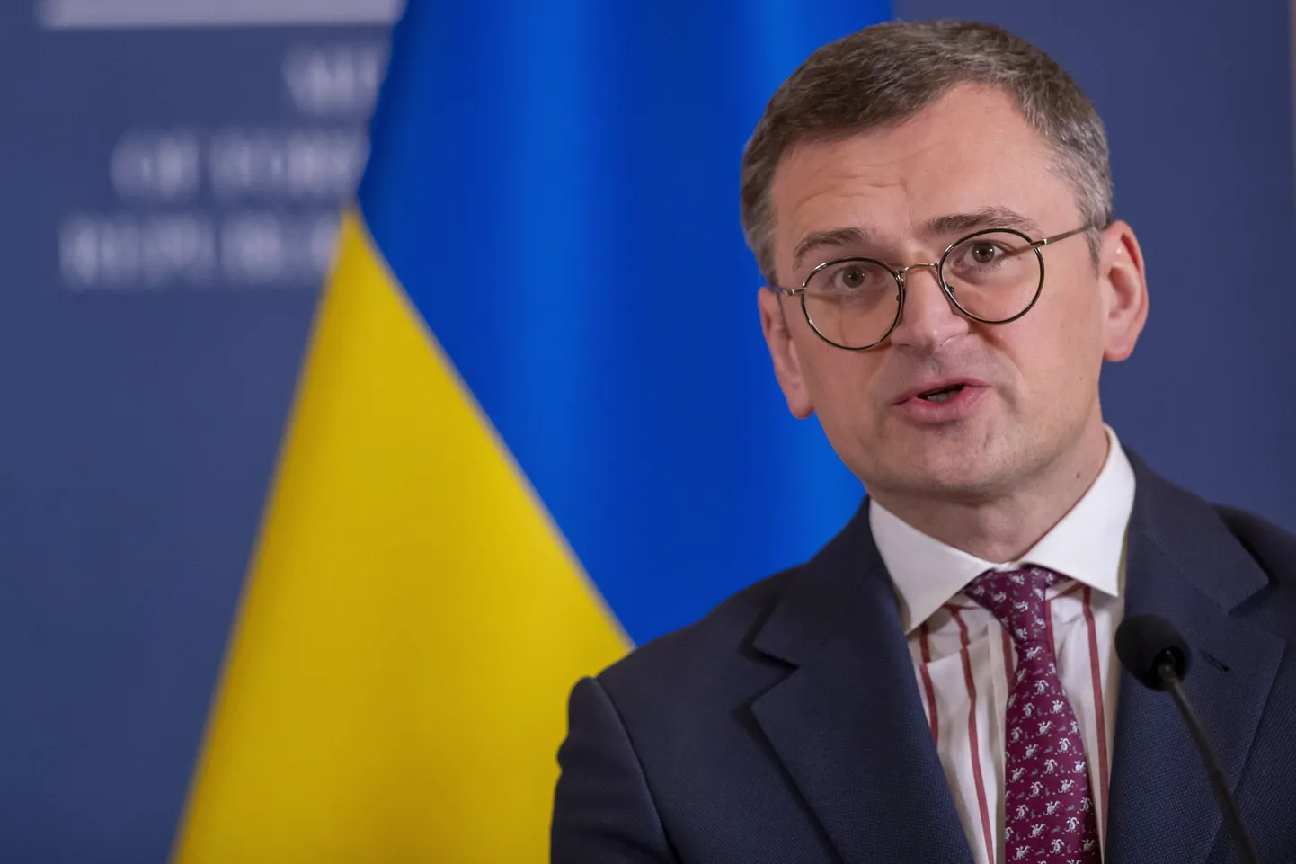 Dmõtro Kuleba reedesel pressikonverentsil Vilniuses, kus osalesid ka tema kolleegid Balti riikidest ja Prantsusmaalt.