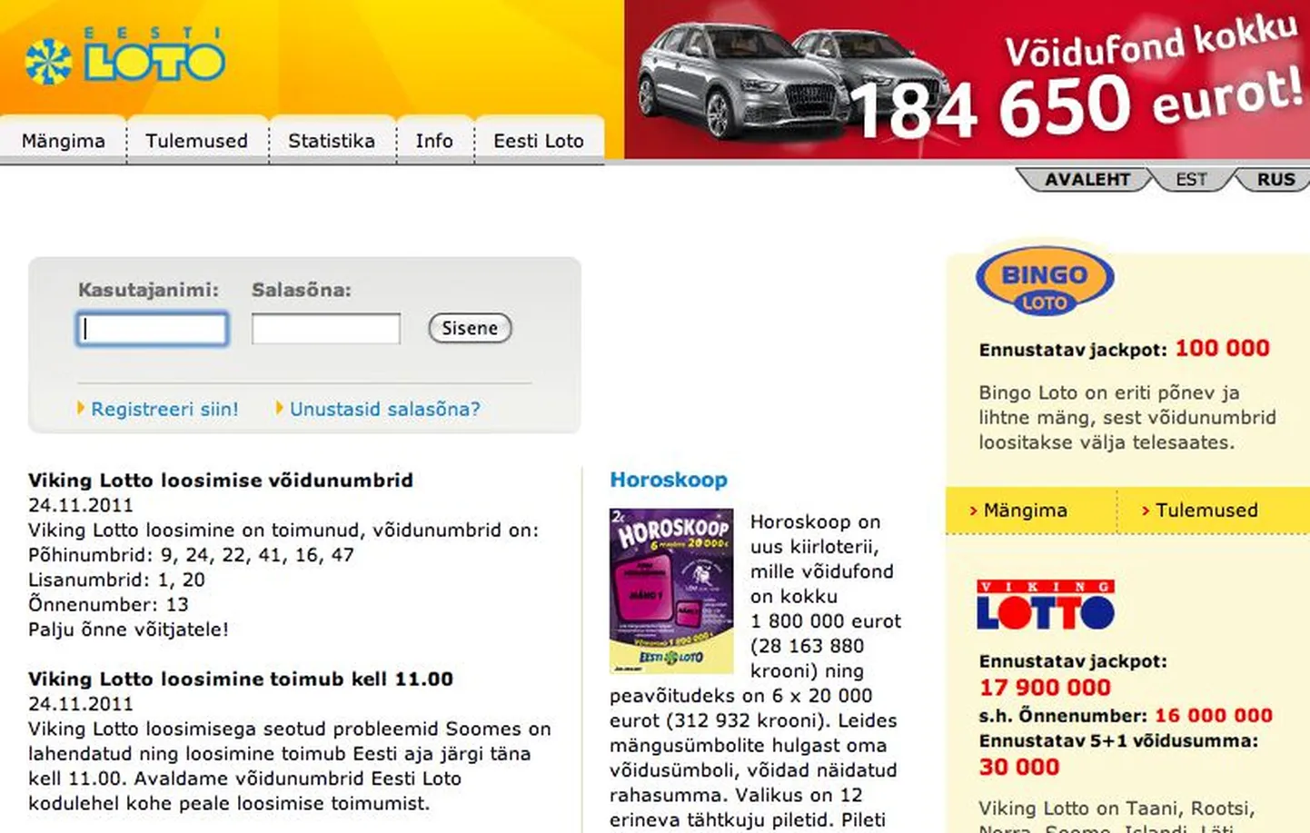Fragment Eesti Loto kodulehest.