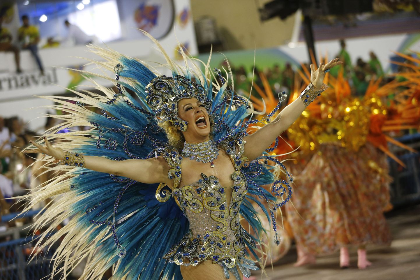 Performer from the Beija Flor samba school dances during carnival celebrations at the Sambadrome in Rio de Janeiro, Brazil, Monday, Feb. 8, 2016. (AP Photo/Silvia Izquierdo)