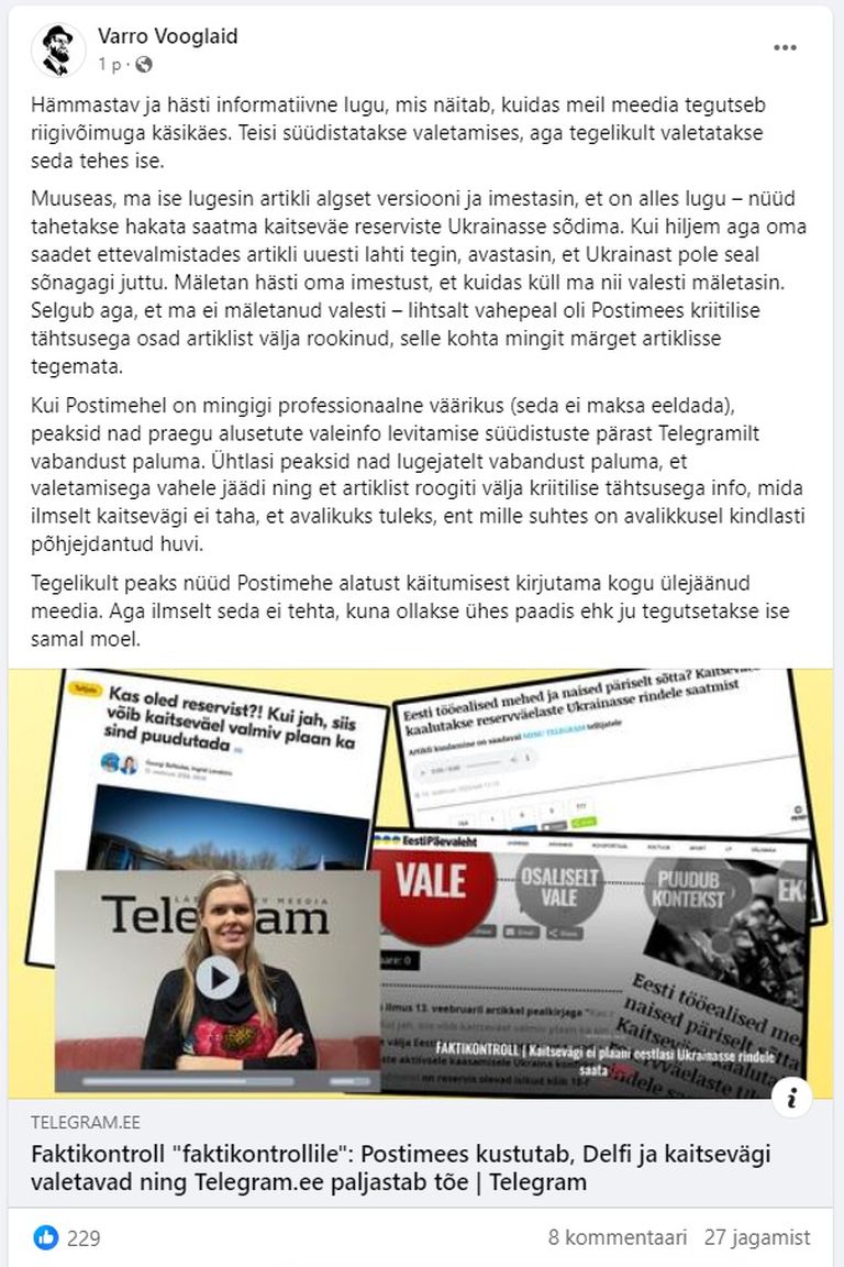 Varro Vooglaiu Facebooki postitus.