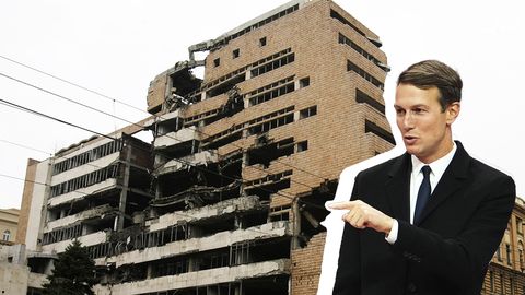 FOTO ⟩ Uz sabombardētā ģenerālštāba drupām Serbijā grasās būvēt Trampa torni